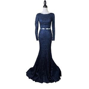 Sherri Hill Navy Embellished 2 Piece Trumpet Maxi Formal Prom Homecoming Dress